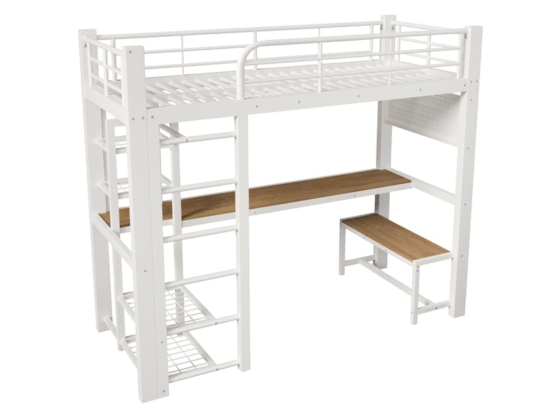 Lit mezzanine 90x200 cm métal blanc avec led, escalier rangement et grille suspendue - Conforama D