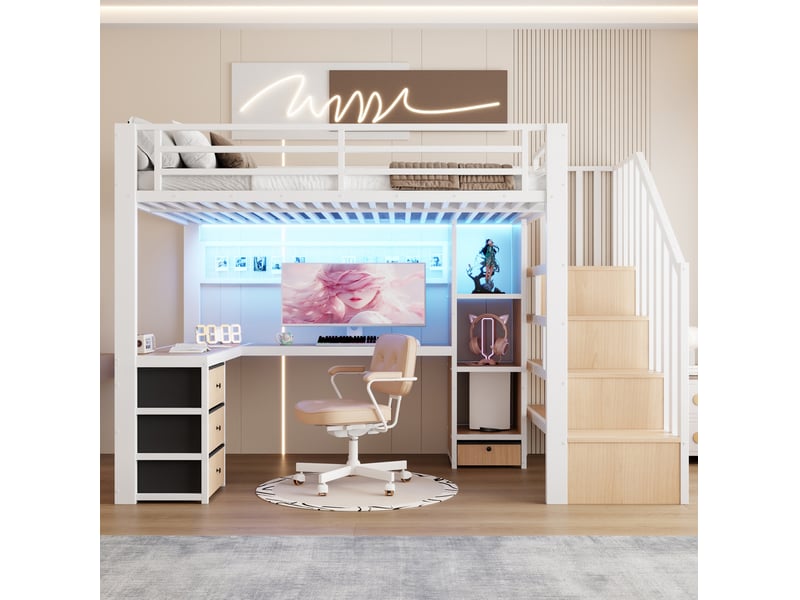  Lit mezzanine 90x200 cm, avec bureau et rangements, avec led, en métal, blanc, sans matelas  - Conforama E