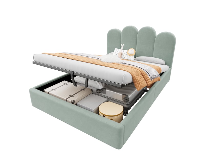  Lit coffre rembourré 140x200 cm avec sommier relevable hydraulique, grand rangement et tête de lit arquée en velours, vert  - Conforama A