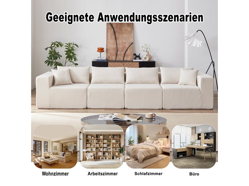  Canapé d'angle modulable 4 places 264x167x71 cm, convertible en composition droite 335 cm, 4 modules, velours côtelé beige OMNIGLINT TRADING LTD - Conforama E