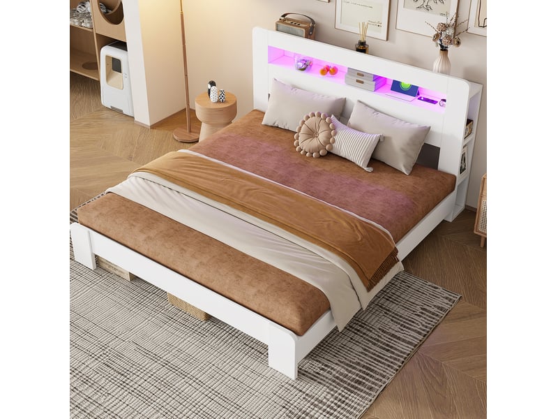 Lit double 180x200 cm en bois avec rangement, led et prises intégrées, blanc - Conforama E