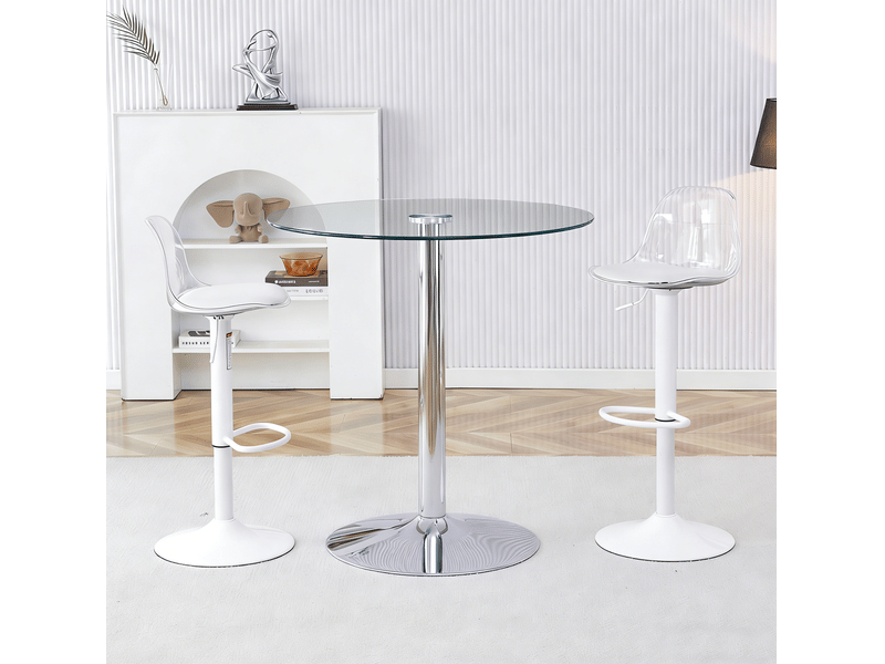  Ensemble bar moderne avec table ronde en verre 89 cm et 2 tabourets transparents réglables et pivotants à 360°  - Conforama B