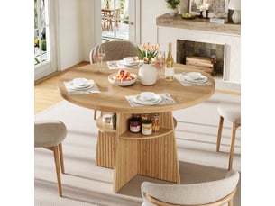 Table à manger ronde extensible naturel 110-150x110x77,5 cm, 2-8 personnes, plateau extensible, étagère intégrée, gain de place