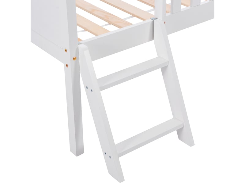  Lit enfant 90x200cm, lit 1 place, lit cabane avec escalier, tiroir, compartiment de rangement et sommier, pin blanc, sans matelas  - Conforama E