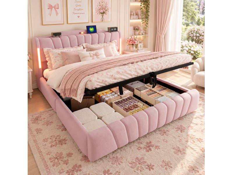  Lit coffre double 180x200 cm, led réglables, ports usb et usb-c, sommier relevable, velours rose, sans matelas  - Conforama B