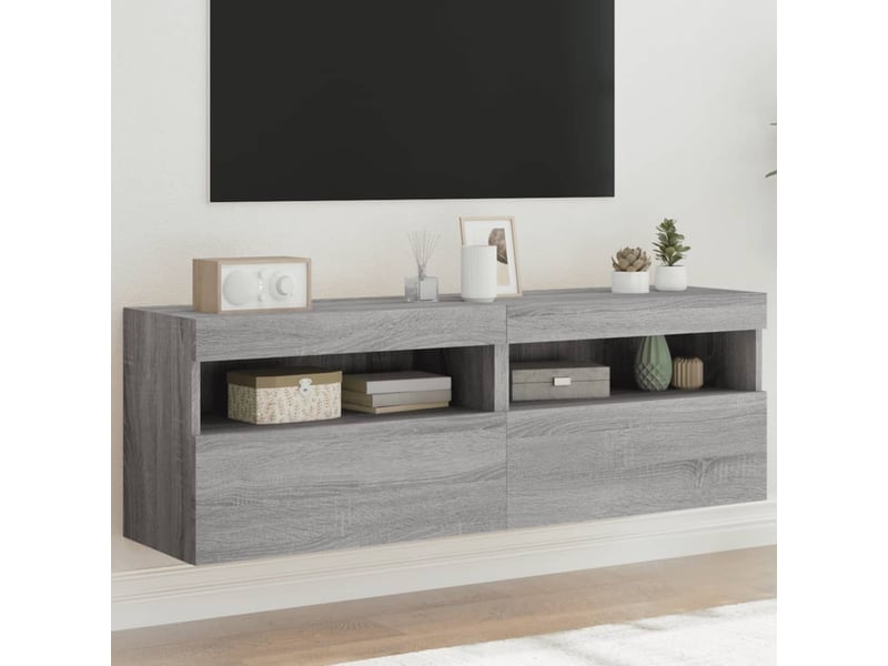 Lot de 2 meuble tv mural avec lumières led sonoma gris 60x30x40 cm - Conforama B
