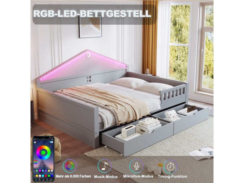  Lit avec tiroirs 140 x 200 cm lit rangement bande lumineuse intégrée tiroirs de rangement coloris gris  - Conforama D