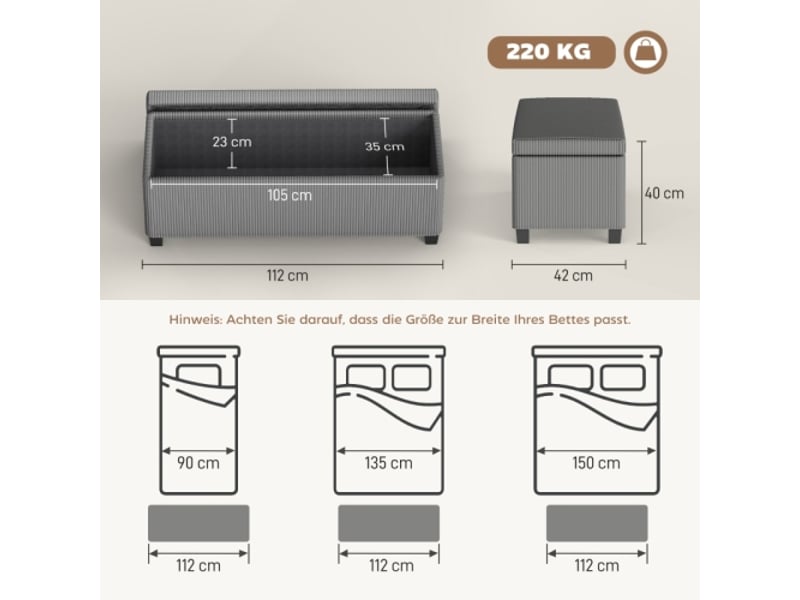  Banc coffre gris en velours côtelé avec rangement, rembourré, pour salon, chambre et entrée  - Conforama C