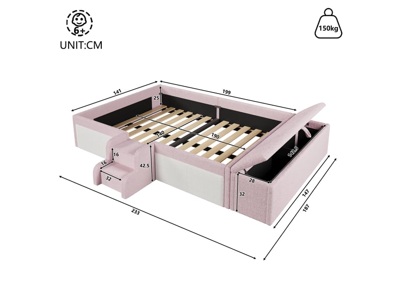  Lit rembourré en tissu velours, 140 x 190 cm, petit escalier, banc de lit avec coffre de rangement, sans matelas, rose  - Conforama C