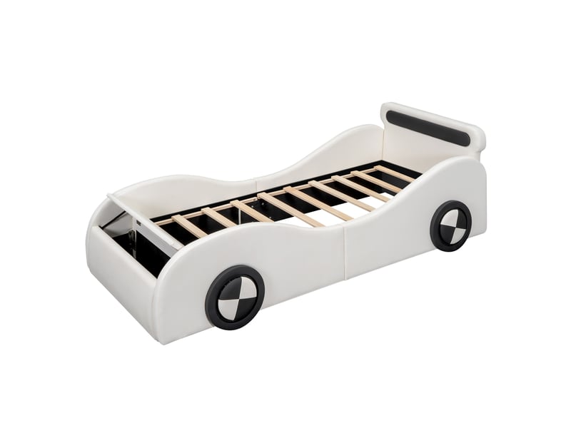  Lit enfant voiture 90x200 cm blanc en cuir régénéré, roues lumineuses réglables et rangement, sans matelas  - Conforama A