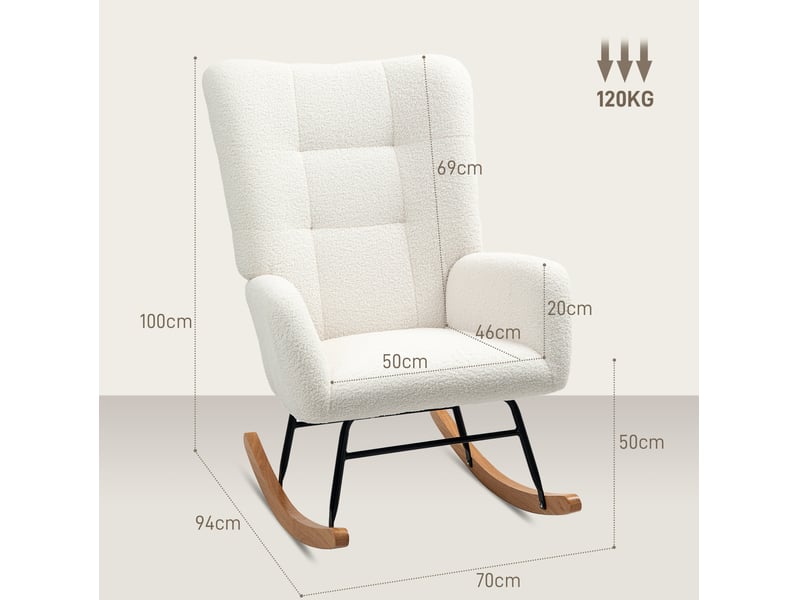  Fauteuil à bascule en tissu bouclette crème blanche avec accoudoirs  - Conforama C