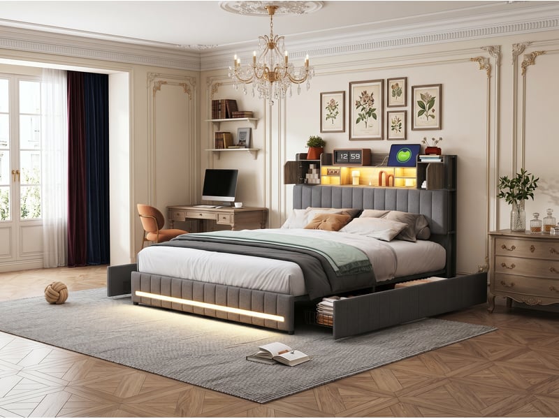  Lit 2 places 140 x 190 cm adulte avec rangement, 4 tiroirs, tête de lit avec niches et éclairage led, cadre rembourré gris  - Conforama D