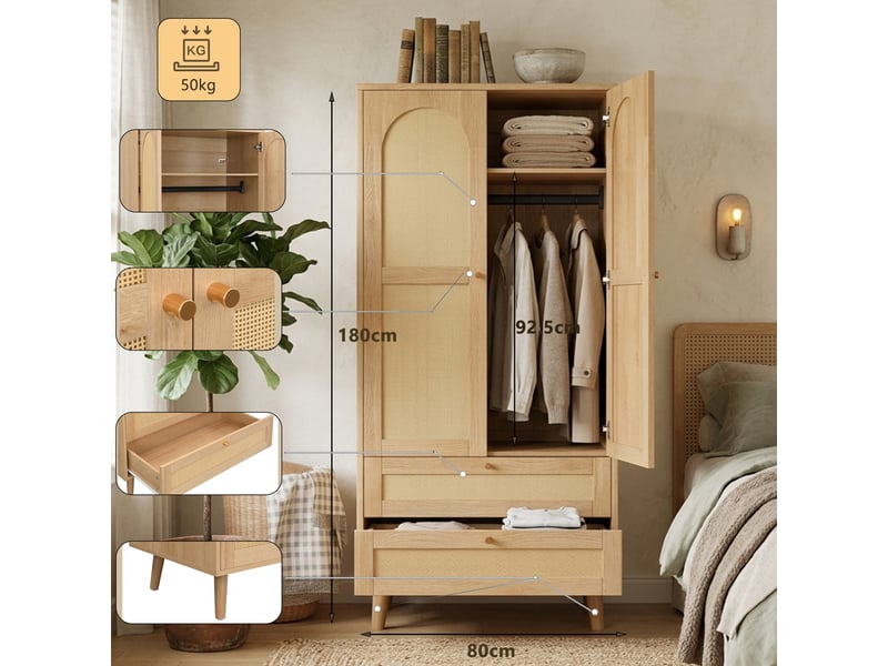 Armoire 80x50x180cm - design rotin + penderie + tiroirs - mdf - naturel CozyNest - Conforama E