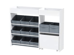 Meuble rangement enfant blanc, 11 bacs en tissu, étagères supérieures, 3 stickers, jouets et livres