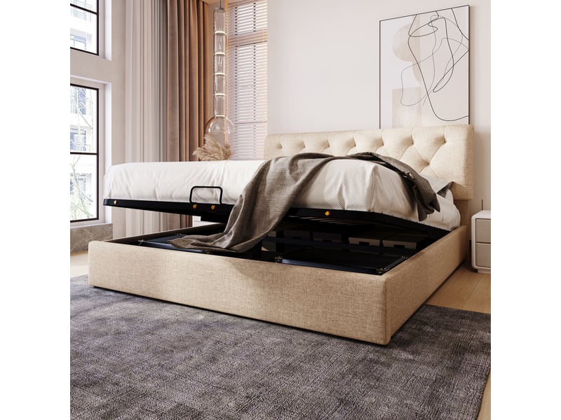  Lit coffre 160x200 cm avec tête de lit réglable, lin naturel, sommier relevable  - Conforama D