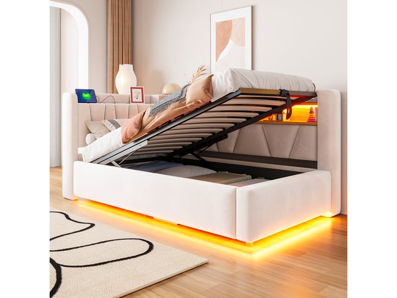 Lit banquette coffre 90x200cm avec levage hydraulique, led, usb, dossier avec rangements, accoudoir et velours beige pour chambre enfant et rangement - Conforama C