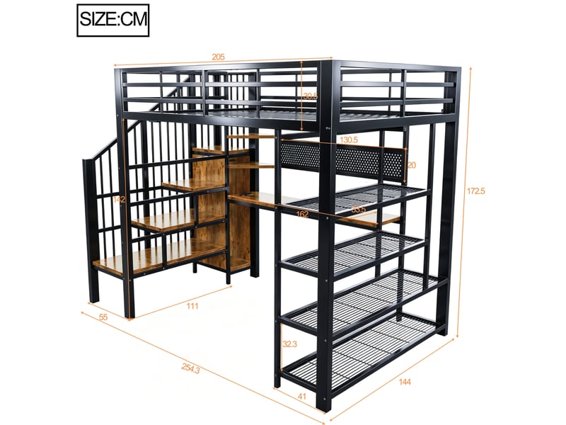  Lit mezzanine 140x200 cm avec bureau, escalier de rangement, led et prises, noir  - Conforama C