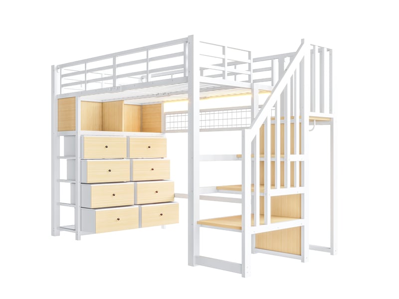 Lit mezzanine enfant 90x200 cm – blanc – 8 tiroirs, escalier de rangement et éclairage led 7 couleurs - sans matelas - Conforama D