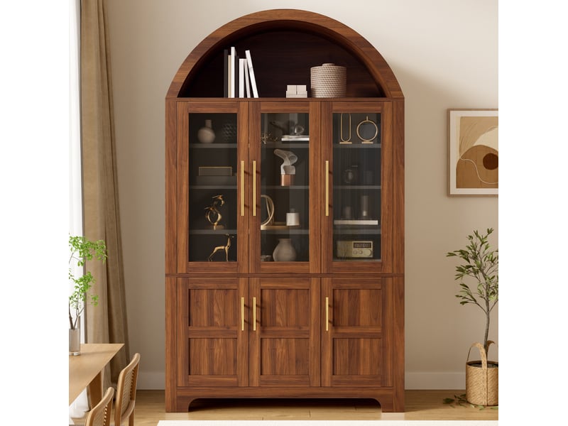 Buffet haut de rangement moderne 110x40x185 cm, niche ouverte en arche, 3 portes vitrées et 3 portes, mdf, noyer - Conforama B