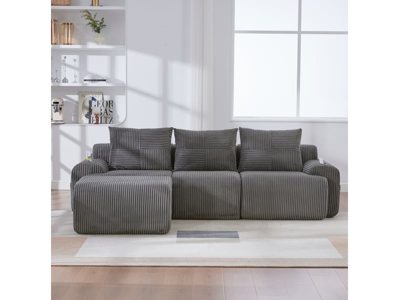 Canapé modulable 3 places 268x174x80 cm, velours côtelé gris foncé, modules configurables, poche latérale, porte-gobelet - Conforama E