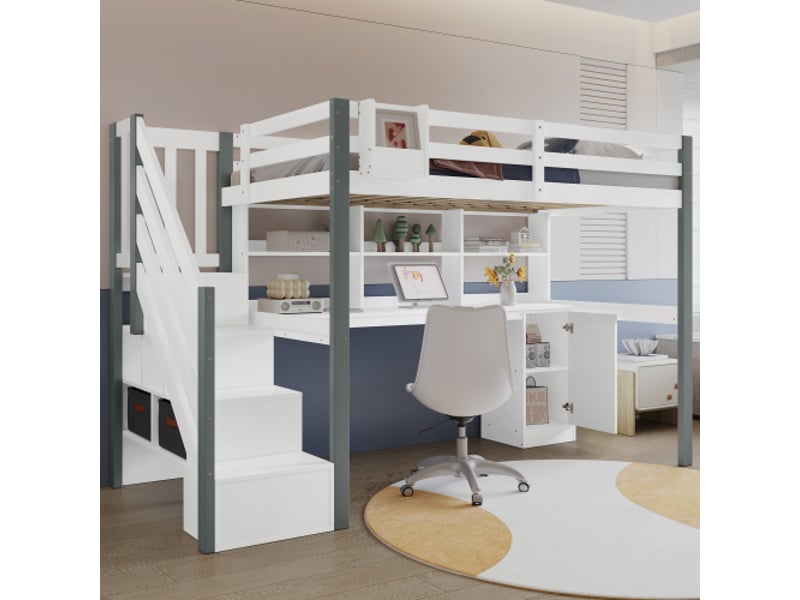 Lit mezzanine 90x200 cm, lit mi-hauteur avec échelle, étagère, bureau et casiers, en bois, blanc, sans matelas - Conforama B