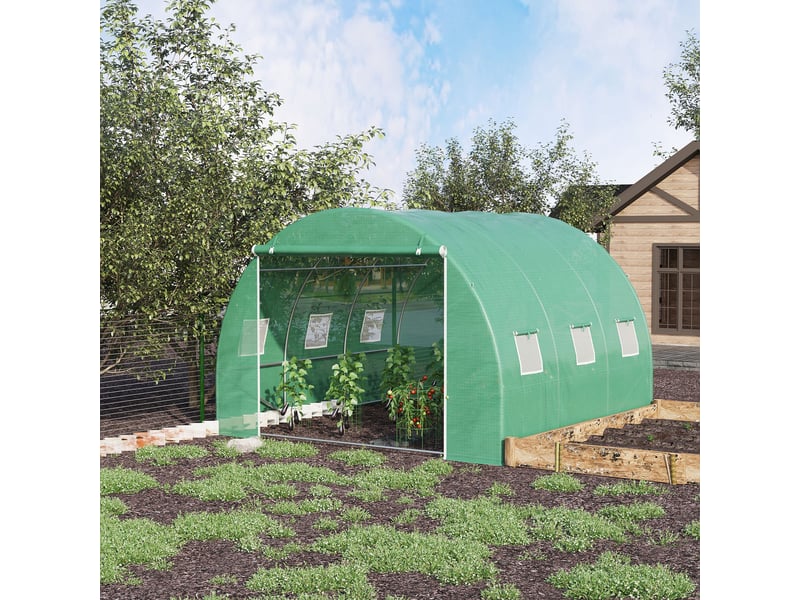  Serre de jardin 9 m² serre tunnel de jardin 3 x 3 x 2 m avec porte enroulable et 6 fenêtres en maille en acier pe vert  - Conforama C