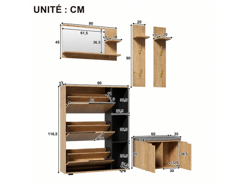  Ensemble meuble d'entrée 150x35x161,5 cm avec miroir, vestiaire effet bois et noir et banc rembourré  - Conforama C
