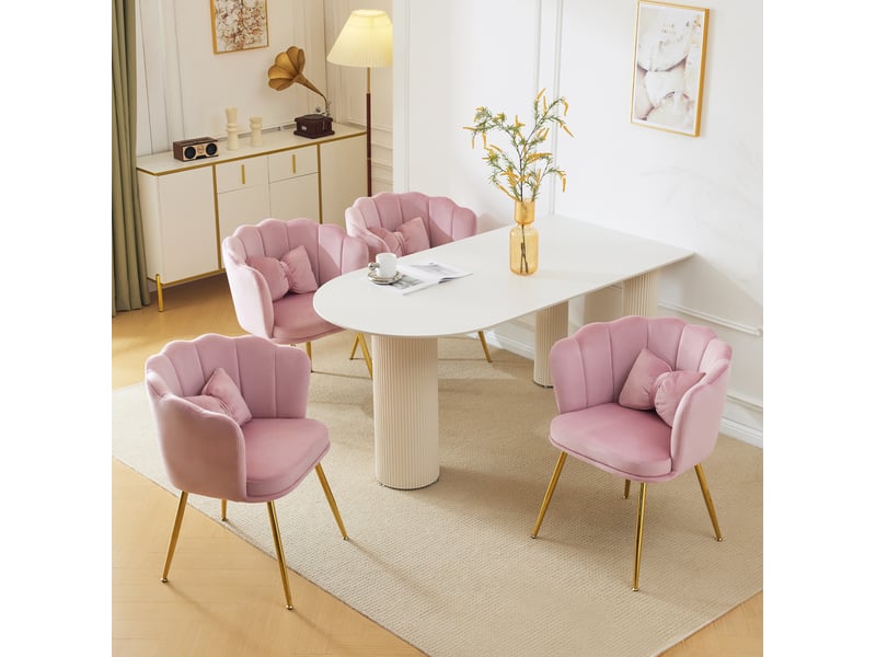  Lot de 4 chaises en velours rose avec dossier pétale, pieds en métal doré et coussins  - Conforama B