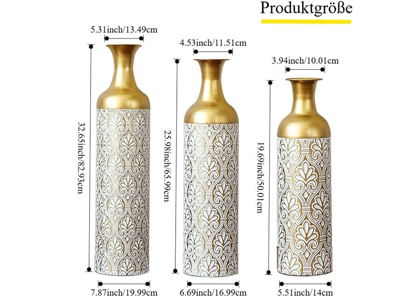 Lot de 3 vases de sol en métal 50, 66 et 83 cm, or et blanc, décor floral pour plantes et fleurs sèches  - Conforama C
