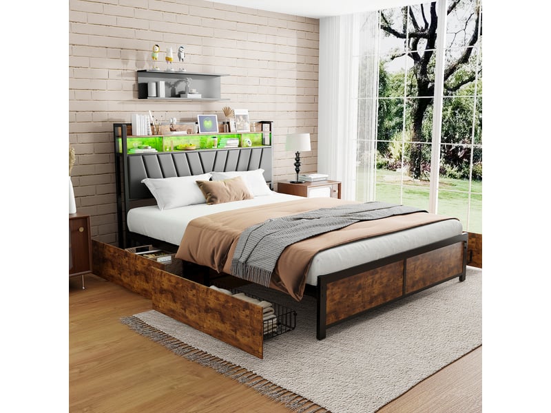 Lit double 180x200cm noir - cadre industriel en métal et bois, 4 tiroirs de rangement, led rvb et prises usb - Conforama C