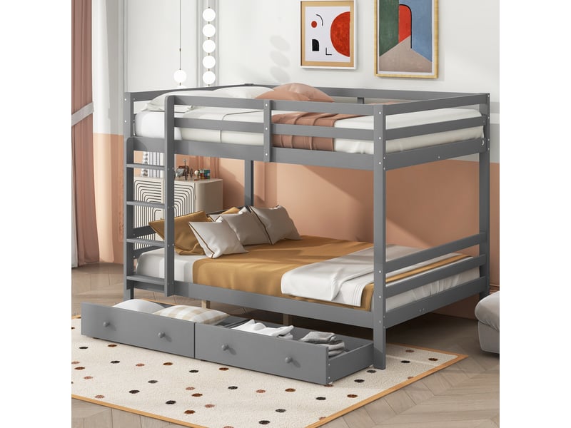  Lit superposés 140×200 cm avec tiroirs et barrières hautes, lit enfant avec espace de rangement et échelle, lit 2 personnes en gris  - Conforama C