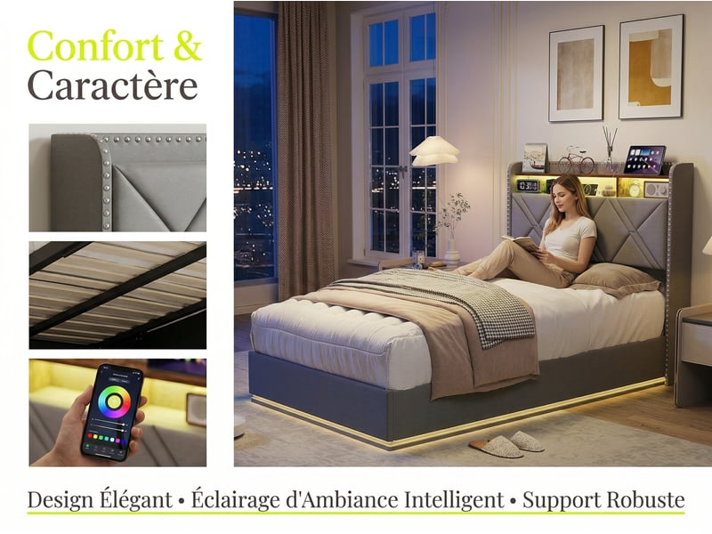  Lit coffre 90x200 cm - led intégrée et rangement - tête de lit avec étagères - sommier relevable  - Conforama E