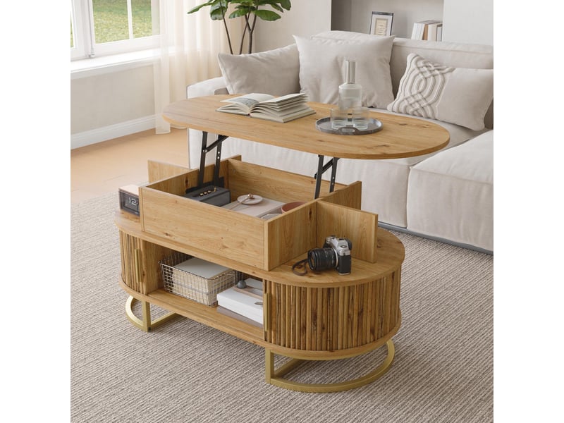 Table basse relevable, table de salon ovale avec rangement et portes coulissantes, mdf et pieds en acier doré 100x50x64cm, naturel - Conforama B