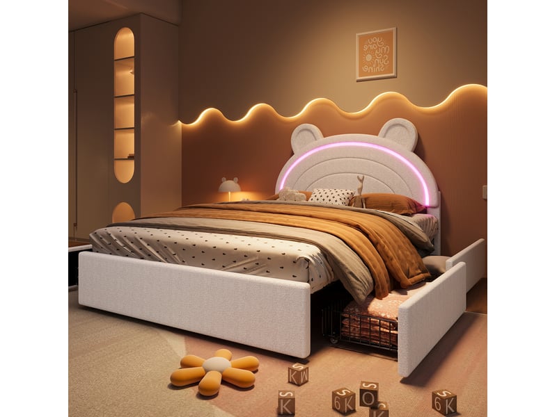  Lit enfant 140x200 cm tête de lit ours, lit double, 4 tiroirs, led contrôlée par application, couleur beige sans matela  - Conforama D