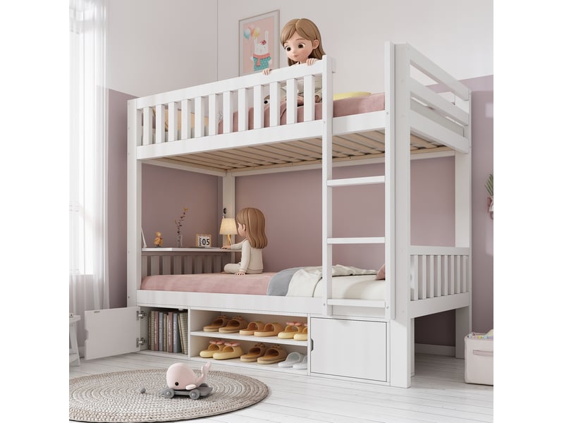  Lit superposé enfant 90x200 cm avec table rabattable et range-chaussures coloris blanc  - Conforama B