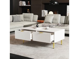 Table basse blanche et dorée avec 2 tiroirs design rayures 100x50x40 cm mdf