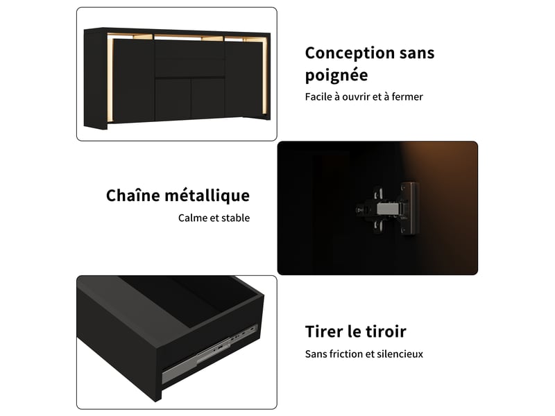  Buffet cuisine avec éclairage led, armoire de rangement avec 4 portes 2 tiroirs, buffet salon meuble salle à manger, 160 x 35 x 75 cm  - Conforama W
