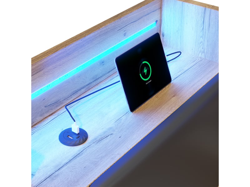  Lit 90x200 cm en mdf avec rangement, led, ports usb et lit gigogne naturel chicfurn  - Conforama E