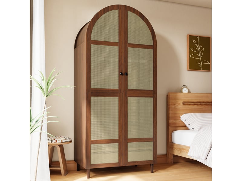  Armoire tcqpz 80 x 50 x 179 cm avec portes cintrées, penderie, étagères et tiroirs, panneaux de particules mdf et rotin, finition noyer  - Conforama E