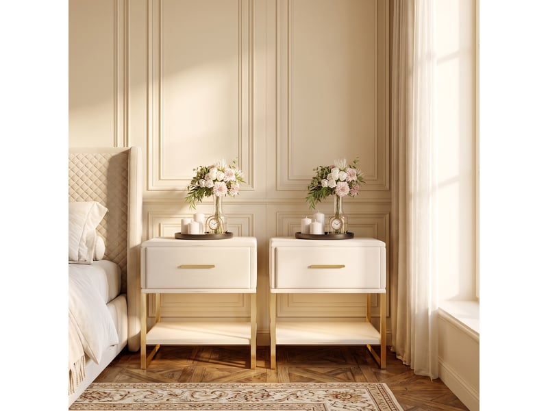 Lot de 2 tables de chevet avec led, table de pour chambre et salon, velours et cadre métallique doré avec 1 tiroir et étagères ouvertes, beige - Conforama B
