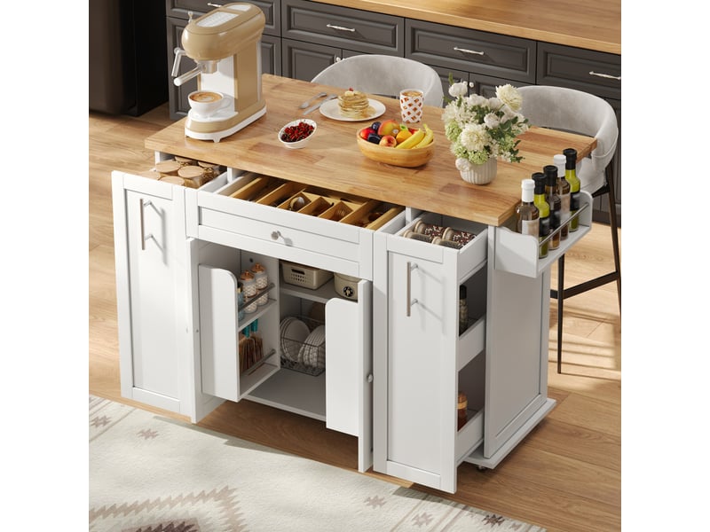  Îlot de cuisine mobile 120x45(70) cm avec plateau pliant, rangement, 3 tiroirs verticaux, étagères portes, roulettes - blanc et bois  - Conforama B