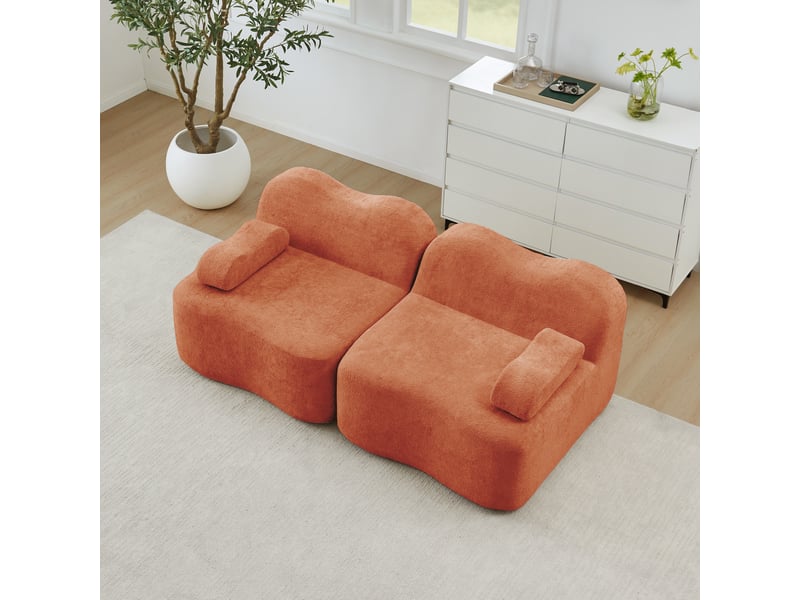  Canapé modulaire 2 places en forme ondulée avec assise profonde et coussin d'accoudoir, en velours orange  - Conforama D