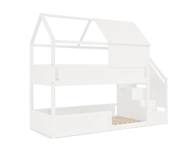 Lit superposé 2 couchages 80 × 200 cm en bois avec toit, barrières et escalier pour chambre d'enfant, blanc - Conforama A