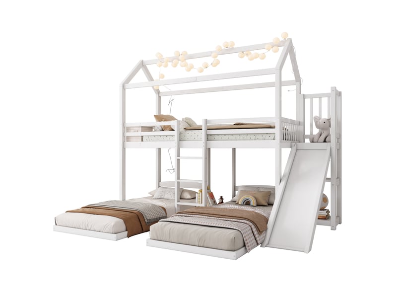  Lit superposé enfant 90x200 cm, lit 3 couchages avec toboggan, toit et rangement supérieur, mdf, blanc, sans matelas  - Conforama A