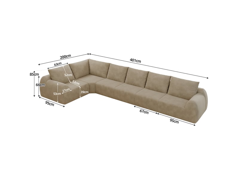  Canapé d’angle panoramique modenvie 6 places 401 x 200 x 85 cm en mousse haute élasticité et tissu chenille kaki  - Conforama C