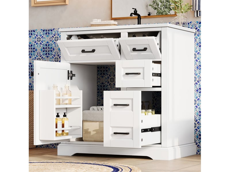 Meuble sous vasque à poser avec 1 porte, 4 tiroirs et vasque en céramique pour salle de bain blanc 76 × 47 × 82 cm  - Conforama E