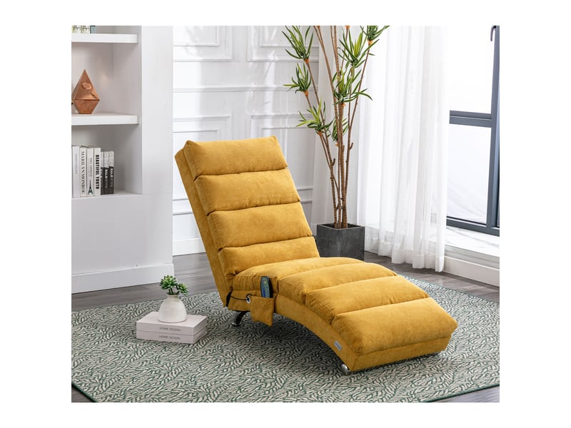 Chaise longue relax fixe vibrante en tissu effet lin avec poche latérale, jaune moutarde, 55 x 148 x 84 cm Fay Lum - Conforama E