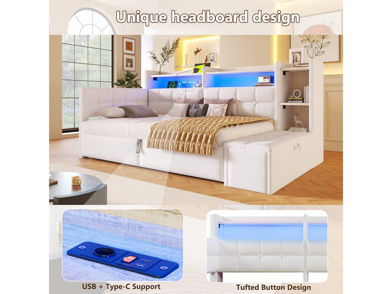  Canapé-lit 90x200 cm, lit enfant, couchage d'appoint, rangement hydraulique, led, usb et usb-c, velours blanc  - Conforama W