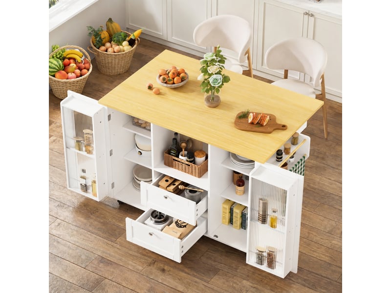  Îlot de cuisine sur roulettes avec rangement et plan rabattable, 2 tiroirs, blanc et bois naturel  - Conforama D
