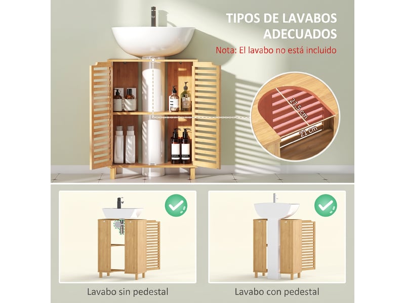  Meuble sous lavabo 2 portes en bambou, découpe en u, 60 x 30 x 80 cm  - Conforama R